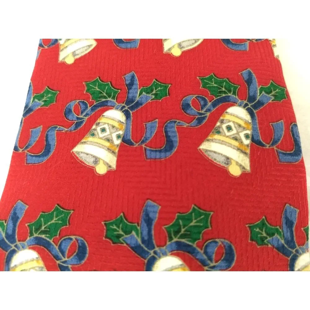 CLAYBROOKE 100% Silk‎ Red Neck Tie Christmas Collection Handmade Bells & Ribbon